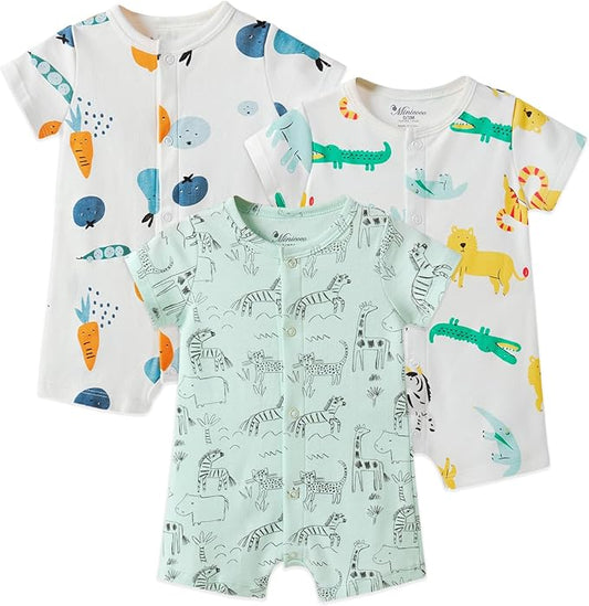 3-Pack 100% Cotton Baby Boy Rompers,0-24Months Short Sleeve Toddler Romper,Breathable Spring/Summer Clothes