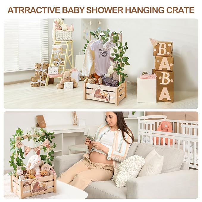 Wooden Baby Shower Crate Closet - Forest Animals Themed Personalized Crate with Hangers & Decorative Accents, Easy Assembly Natural Wood Gift Basket Ideal for Baby Shower & Nursery Storage