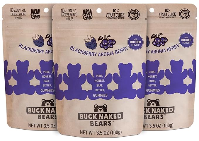 Buck Naked Bears - Blackberry Aronia Gummy Bears - Soft, Smooth & Sweeter Like a Fruit Snack - Plant-Based, Vegan, Non-GMO - Non-GMO - 3.5oz (3-Pack)