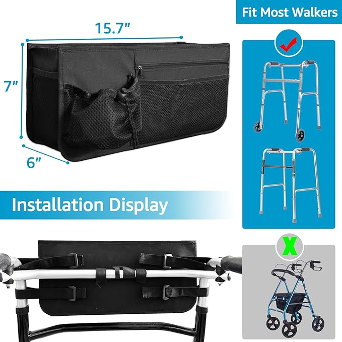 Basket for Walkers for Seniors Detachable, Walker Storage Bags and Pouches Accessories for Rolling Folding Walker to Carry Things, Rollator Walker Foldable Basket with Cup Holder, Gifts for Seniors