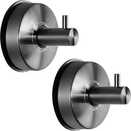 JOMOLA Suction Cup Shower Hooks for Hanging Towel Suction Hook for Inside Shower Stainless Steel Coat Hooks Wall Mounted Kitchen Utensil Stainless Steel, Brushed Black, 2PCS