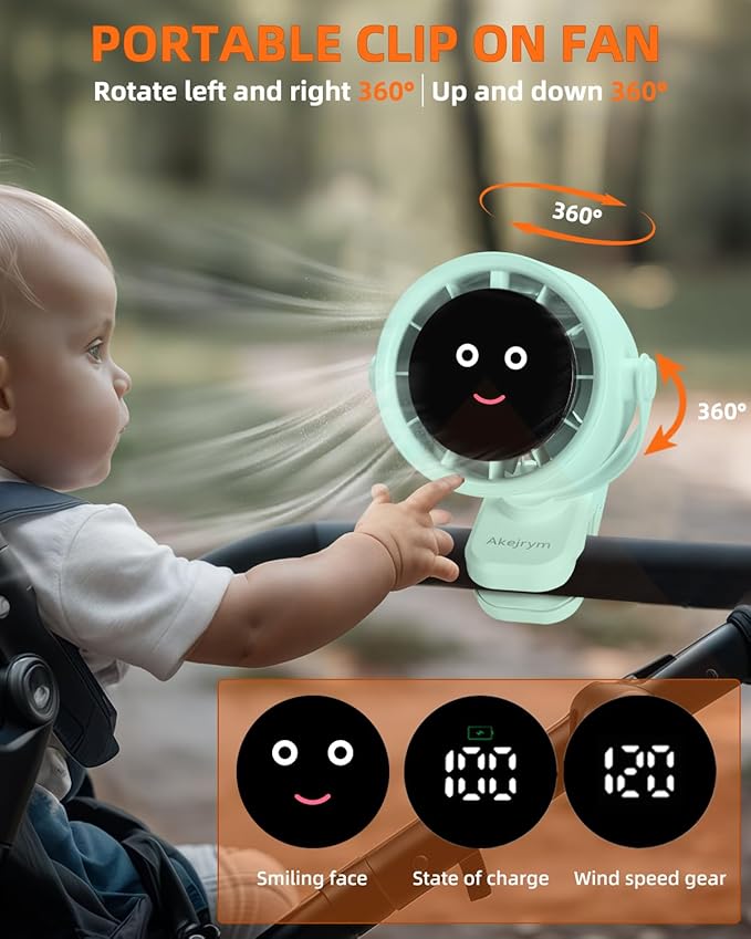 Clip on Fan for Bed, Portable Fan for Travel, 360° Rotate Battery Operated Personal Fan, Air Turbo Tech & Digital display, stroller fan with 5 Speeds, For Home Office Stroller Camping - Green