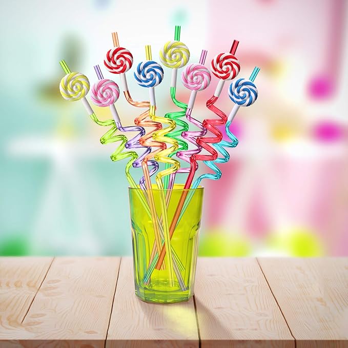 Candyland Party Supplies Drinking Plastic Straws Reusable 24 for Kids Sweet Candy Lollipop Birthday Party Favors with 2 Cleaning brush