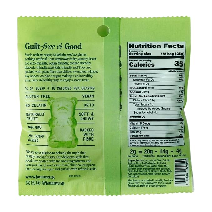 Jammy's™ - Sour Green Apple Gummy Bears | Sugar-Free & Vegan-Friendly | Keto-Friendly, Gluten-Free, Low Carb, High Fibre & Naturally Fruity | Delicious, Soft & Chewy | Box of 6 x 50g Bags