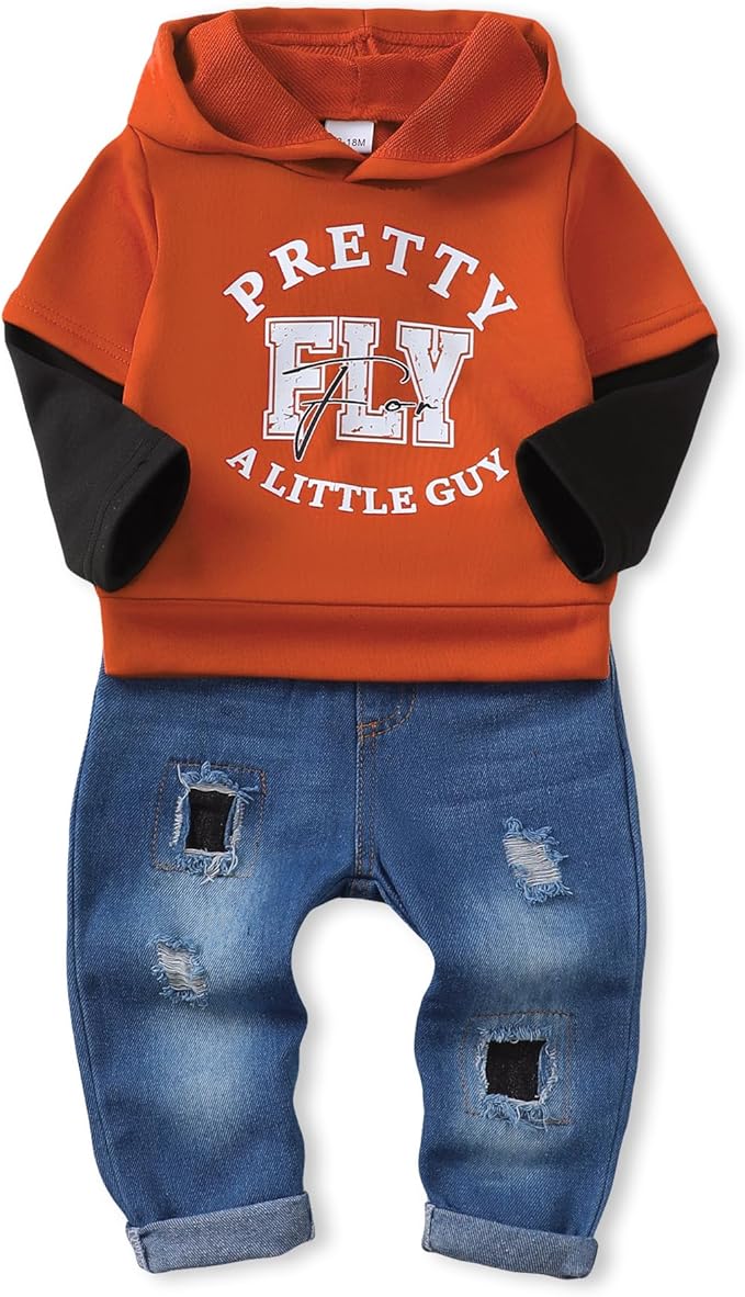 NZRVAWS Baby Boy Clothes Toddler Boy Outfit 2 3 4T 6 12 18 24 Month Fall Winter Hoodie Ripped Jeans Clothing