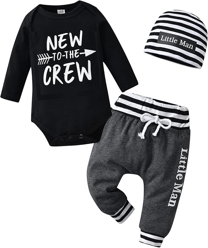 KuKitty Newborn Infant Baby Boy Clothes Long Sleeve Romper + Pants + Hat 3PCS Outfits Set
