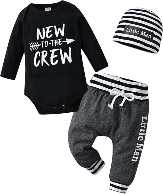 KuKitty Newborn Infant Baby Boy Clothes Long Sleeve Romper + Pants + Hat 3PCS Outfits Set