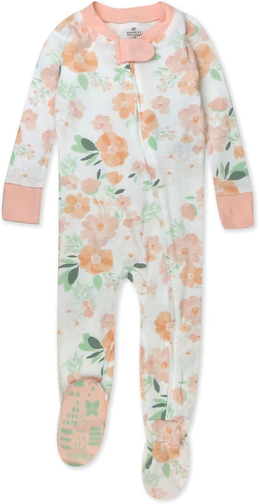 HonestBaby Non-Slip Footed Pajamas One-Piece Sleeper Zip-Front Pjs 100% Organic Cotton for Baby Girls