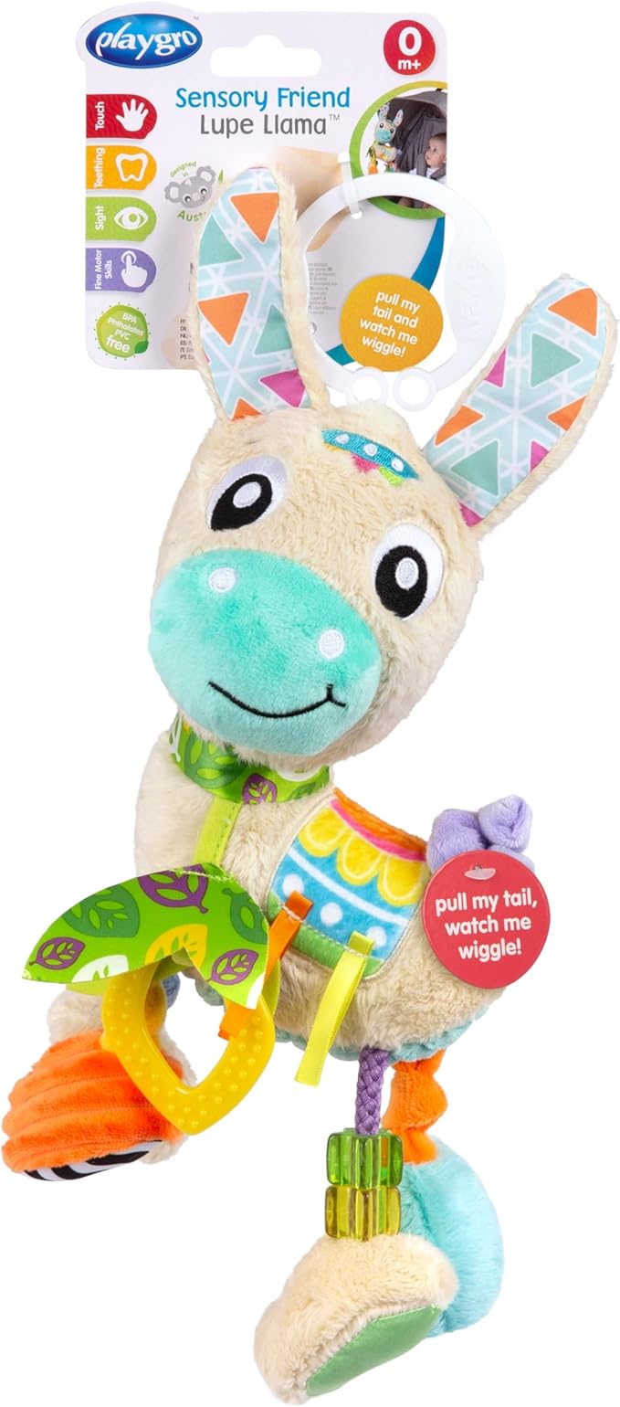 Playgro Sensory Friend Lupe Llama Sensory Toy - Ideal Stroller Toys for 0+ Months Babies to Encourage Grasping with Rattle - Improve Baby Sight & Touch Senses with On-The-Go Fun for Newborn Baby Toys
