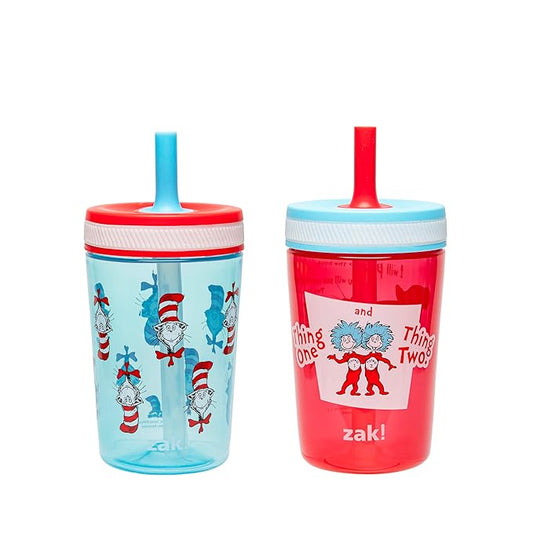 Zak Designs Dr. Seuss Kelso Toddler Cups For Travel or At Home, 15oz 2-Pack Durable Plastic Sippy Cups With Leak-Proof Design is Perfect for Kids (The Cat in the Hat)