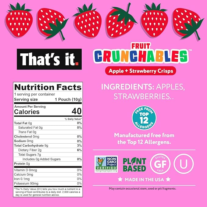 That’s it. Fruit Crunchables Apple + Strawberry Crisps, 15-Pack – 100% Real Fruit Snacks for Kids, Plant-Based, Non-GMO, Gluten-Free, No Sugar Added, Allergen-Free, Healthy Lunchbox Snack