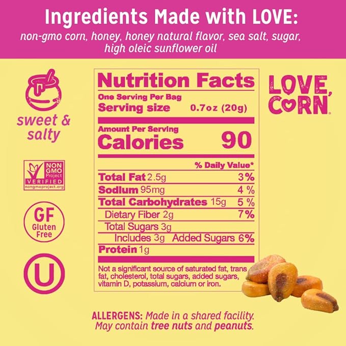 LOVE CORN Sweet & Salty 0.7oz x 20 bags - Delicious Crunchy Corn - Healthy Family Snacks - Gluten Free, Kosher, NON-GMO - Alternative for Chips, Nuts, Crackers & Pretzels - Perfect for Charcuterie Boards