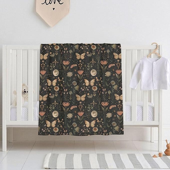 Baby Blanket Vintage Butterfly Moon Flower for Boy Girl Newborn 30x40 Inch Toddler Infant Nursery Throw Blankets Double Layer Comfy Soft Plush Stroller Crib Quilt