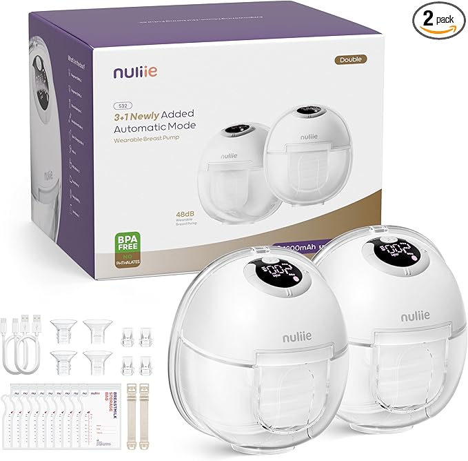Nuliie Hands-Free Breast Pump, Wearable Breastfeeding Pump 4 Modes 9 Levels with 18/21/24MM Flange, Electric Breast Pump Portable, Replaced Pumping Accessories Included (2 Packs, White)