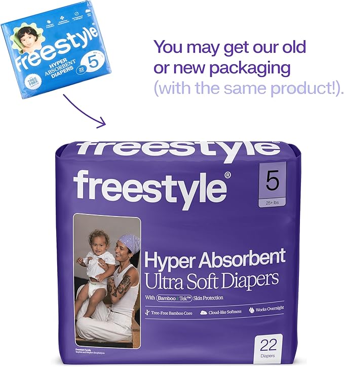 Freestyle BambooTek Diaper – (Size 5) Hyper Absorbent & Non-Toxic – Disposable Diaper for Sensitive Skin – Ultra Soft Diapers (25+ lbs) – 132 Count