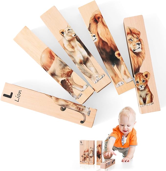 Wooden Safari Animals Learning Puzzle Set, 4-in-1 Block Puzzles for Toddlers 18 Months+, Educational Montessori Toys with Storage Tray