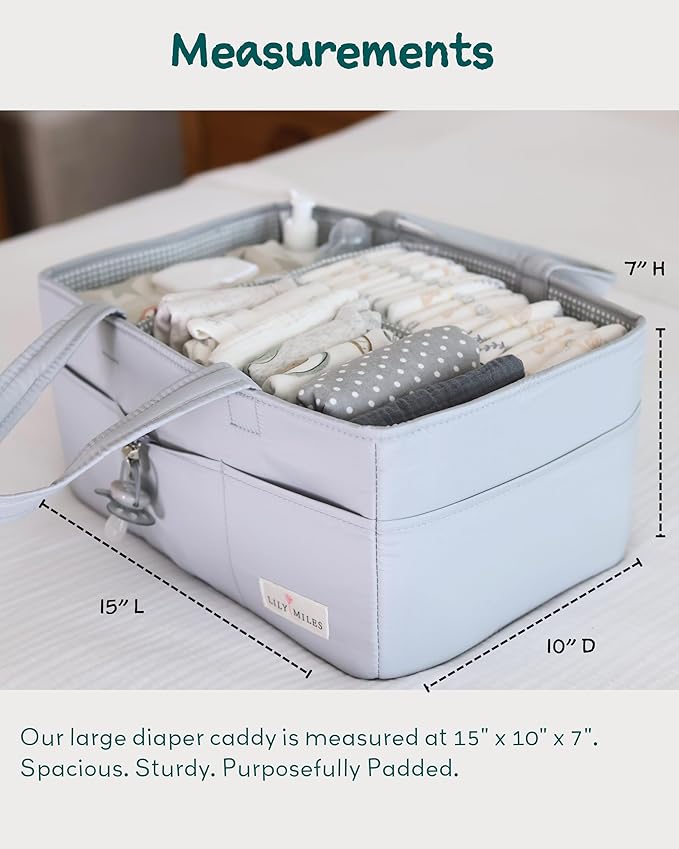 Lily Miles Diaper Caddy Organizer with 8 Pockets, Wipeable Baby Caddy Basket for Diapers and Wipes, Baby Registry Favorites, Nursery Tote Bag for Changing Table or Car (Heather Grey, Large)