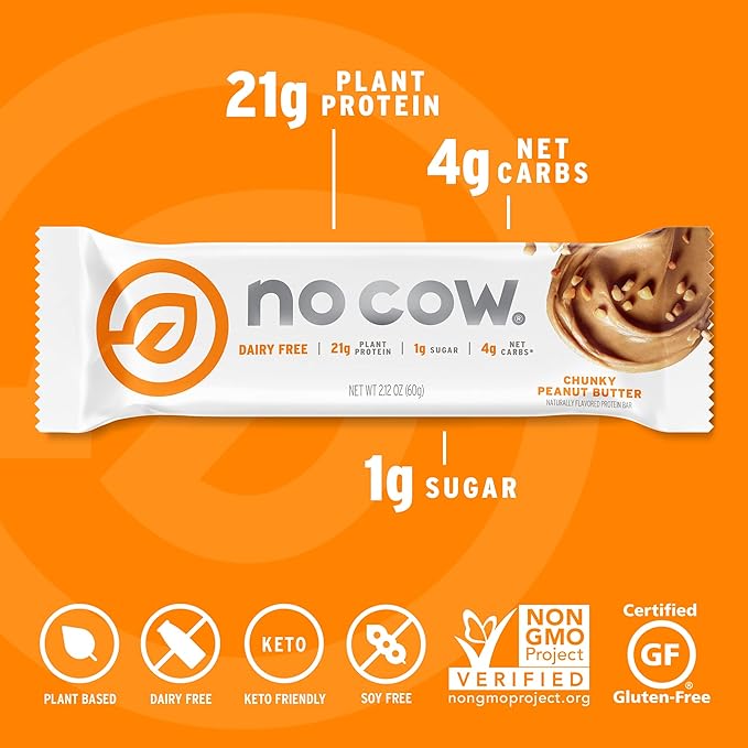 No Cow High Protein Bars, Chunky Peanut Butter - Healthy Snacks, 20g Vegan Protein, High Fiber, Low Sugar, Keto Friendly, Dairy & Gluten Free (12 Count)