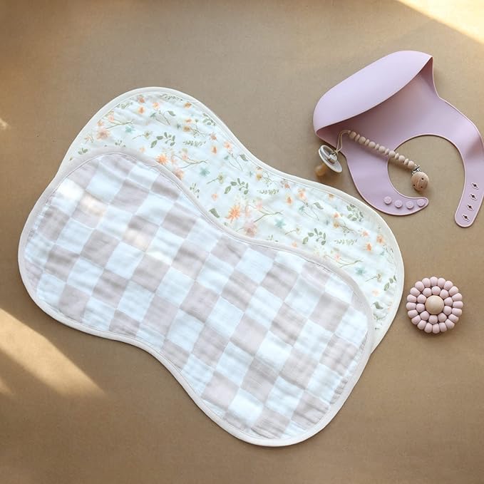 LifeTree Muslin Baby Burp Cloths - Soft 2 Pack Viscose Bamboo Cotton Large 22'' by 10'' Absorbent Milk Spit Up Rags - Burping Cloths for Newborn, Girls Boy (Floral & Checkerboard)