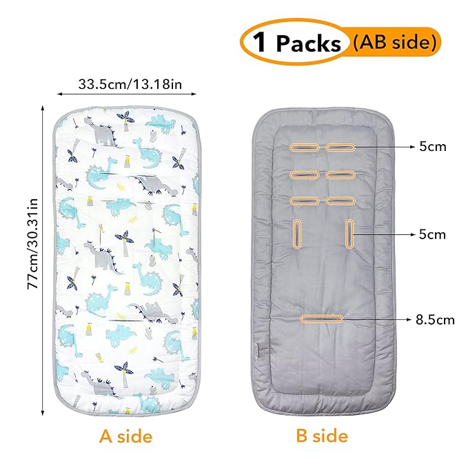 Baby Stroller Cushion, Universal Breathable and Soft Newborn Stroller Mat, 100% Cotton Cover Toddler Seat Pad Liner for Stroller, 34x78cm,1 Pack（Dinosaur+Grey））