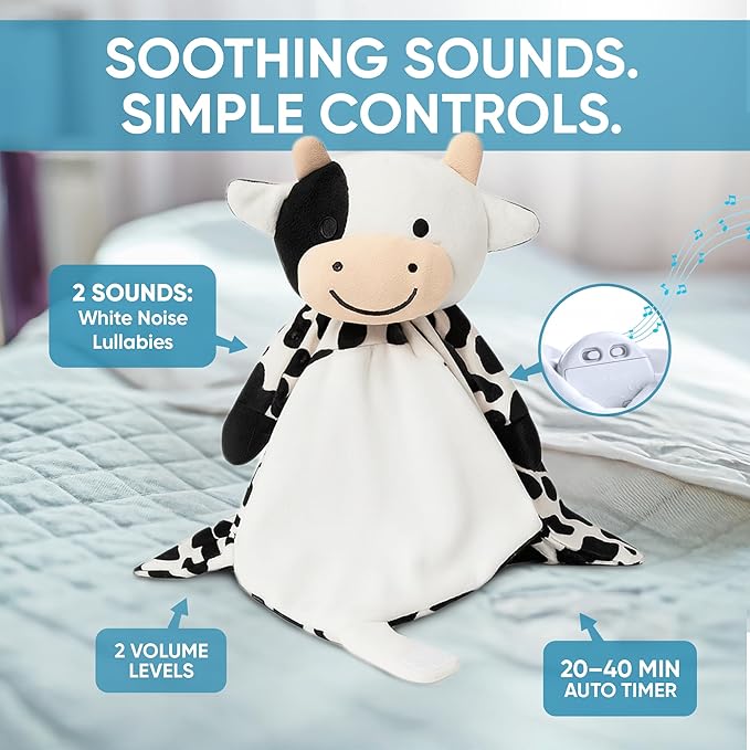 Love By Emi Baby Music Lovey Black & White Cow, Baby Sleep Soother for Crib & Cuddle Bedtime, White Noise with Heartbeat & Lullaby, Plush Sound Toy, Stuffed Animal for Newborns, Infants & Toddlers