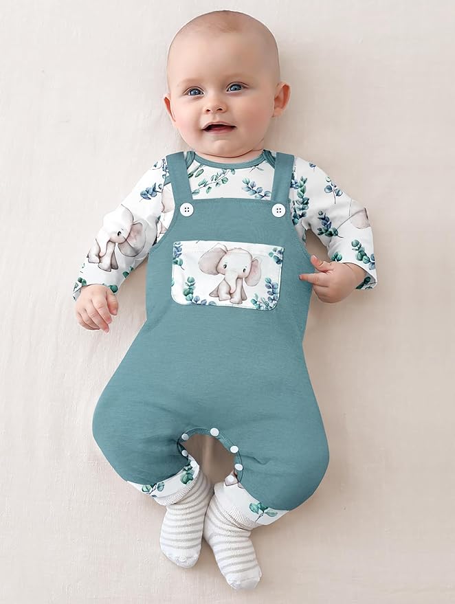 Baby Boy Clothes Long Sleeve Animal Plaid Romper + Overalls Infant Boy Clothes 2PCS Fall Winter Outfits