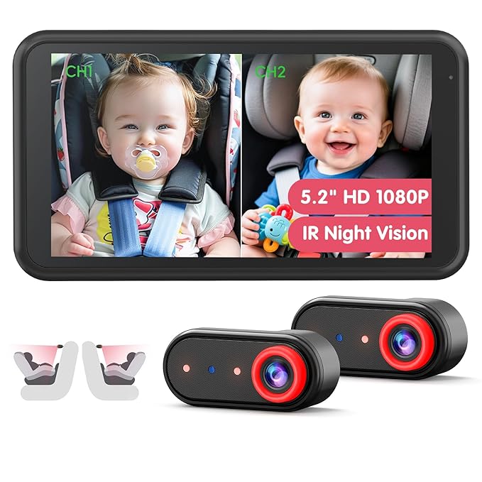 BM2 PRO Dual Baby Car Camera, 5.2" 1080P HD Display for Rear-Facing Car Seats, IR Night Vision, Anti-Shake Mount, Easy Install – Ideal for Parents with 2 Kids and Pets