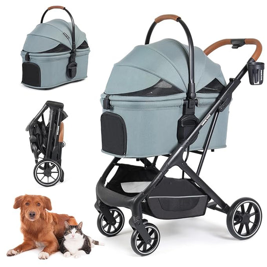 T6 Luxury Pet Stroller for Medium Dogs Up to 66lbs or 2 Small Pets – 3-in-1 Dog & Cat Stroller with Removable Carrier, Foldable & Lightweight (Green)