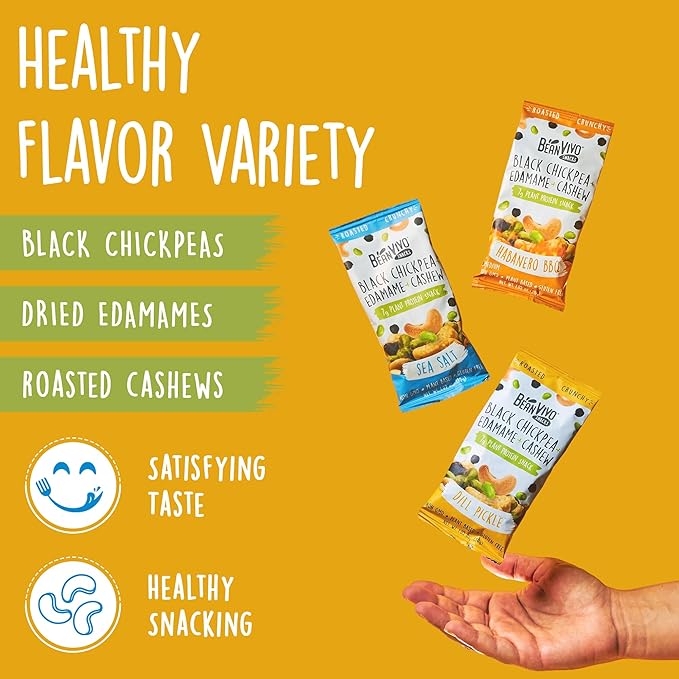 BeanVIVO Healthy Snacks for Adults & Kids with 7g Protein & 5g Fiber per Serving with Dried Edamame, Roasted Cashew and Black Chickpeas - Vegan & Gluten Free - Keto Friendly & Non-GMO - 8Pack (1.05 oz Each Pouch)