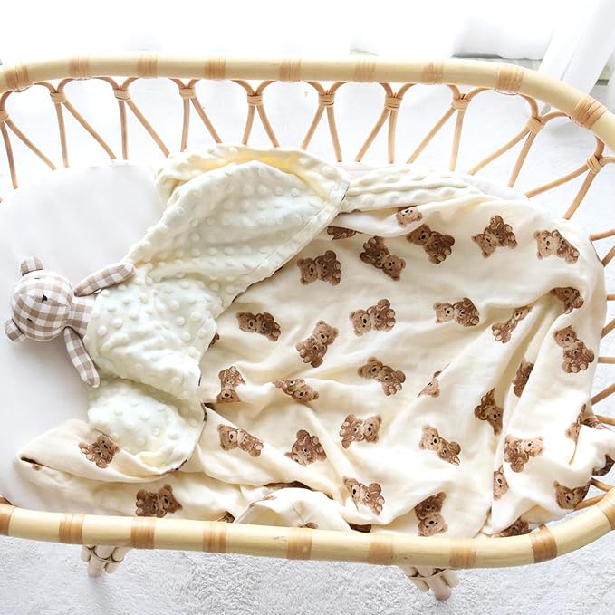 LifeTree Baby Girl & Boy Blankets, Soft Double Layer Swaddle Blankets, Muslin Front and Dotted Fleece Backing Receiving Bed Throw Blanket for Newborn Unisex, 31X40 Inches, Bear Pattern