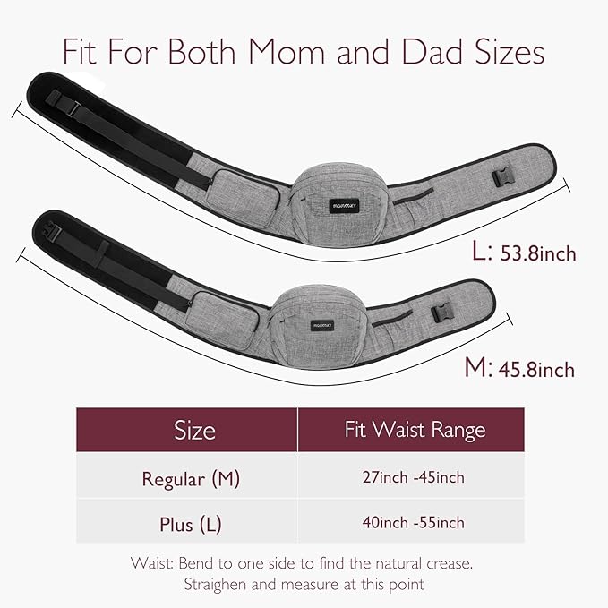 Momcozy Hip Seat Baby Carrier - Adjustable Waistband with Original 3D Belly Protector, Ergonomic Carrier with Various Pockets for Toddlers up to 45lbs (Grey, Medium 27-45IN)