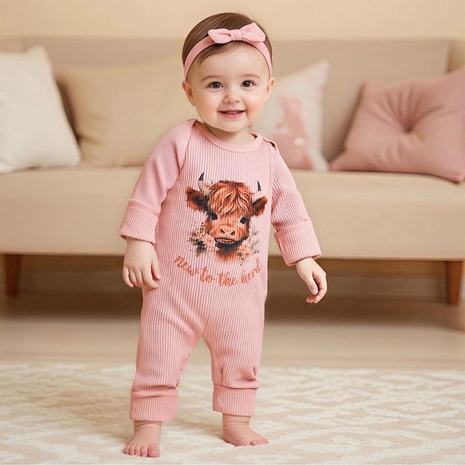 WZTYYDS Newborn Baby Girl Clothes Ribbed Romper Print Long Sleeve Jumpsuits Bow Headband Set Infant One-piece Outfits