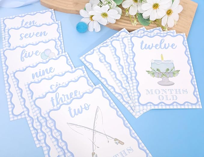 WAUAO Gingham Milestone Monthly Cards - My First Milestone Cards, Baby Shower Photo Props,Baby Milestone Monthly Memories,Boys/Girls Photo Props (blue)