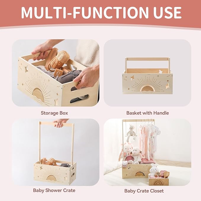 Wooden Baby Shower Crate Closet Set with 10 Hangers, Baby Clothing Rack,Shower Party Basket with Handle and Swing, Large Capacity Baby Storage Crate, Newborn Baby Gifts Basket for New Parent ( 2 PCS)