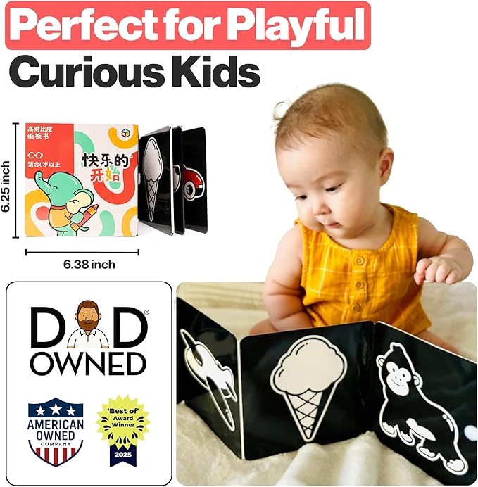 Happy Start Award-Winning High Contrast Board Book - Newborn Black & White Baby Cards, Easy to Clean, Hospital Approved, Stands on Its Own, Tummy Time Toy, Ages 0+ (Chinese)