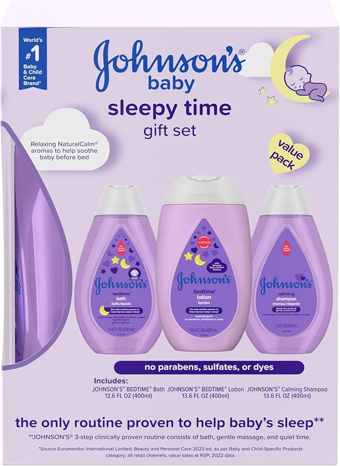 Johnson's Baby Sleepy Time Bedtime Gift Set with Relaxing NaturalCalm Aromas, Bedtime Baby Bath Shampoo, Wash & Lotion, Baby Bedtime Essentials, Hypoallergenic & Paraben-Free, 3 Items