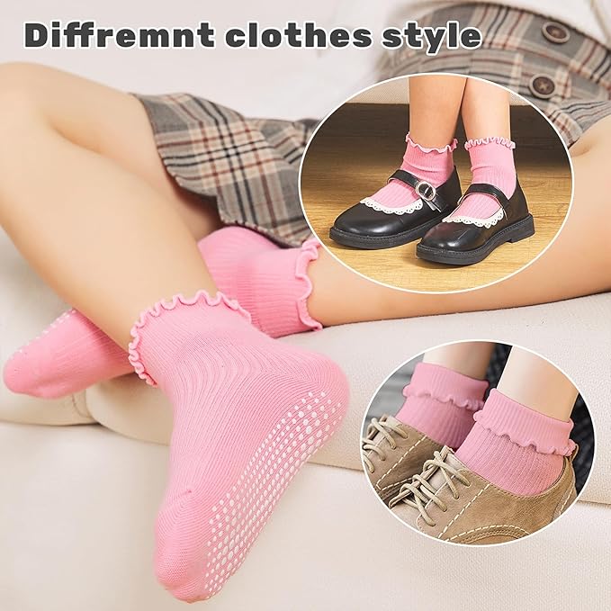 6 Pairs Toddler Ruffle Socks for Girls - Baby Grip Socks with Non-Slip, Cute Grippy Frilly Design