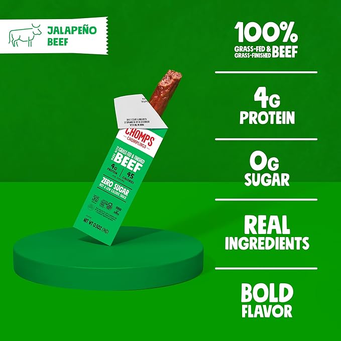 Chomps Snack Size Grass-Fed and Finished Jalapeño Beef Jerky Snack Sticks 0.5oz 24-Pack - Keto, Paleo, Whole30, 4g Lean Meat Protein, Gluten-Free, Zero Sugar Food, Non-GMO Chomplings