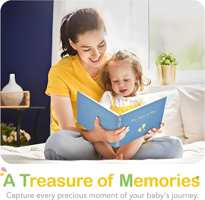 Baby Memory Book First 5 Year Boy or Girl Keepsake Journal Photo Albums Scrapbook, Gifts for Baby Shower First Time Mom New Parents (Footprint - Blue)