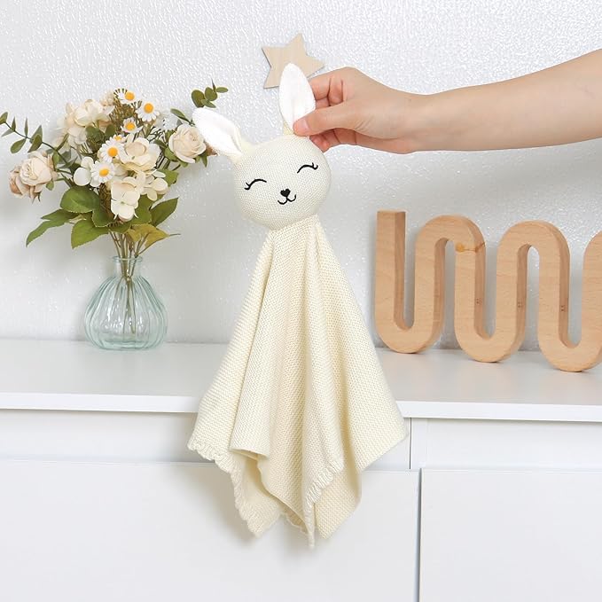 LAWKUL Bunny Lovey Baby Blanket Soft Cuddly Security Blanket Knit Snuggle Comfort for Newborns Toddler Boy Girl White 16x16in