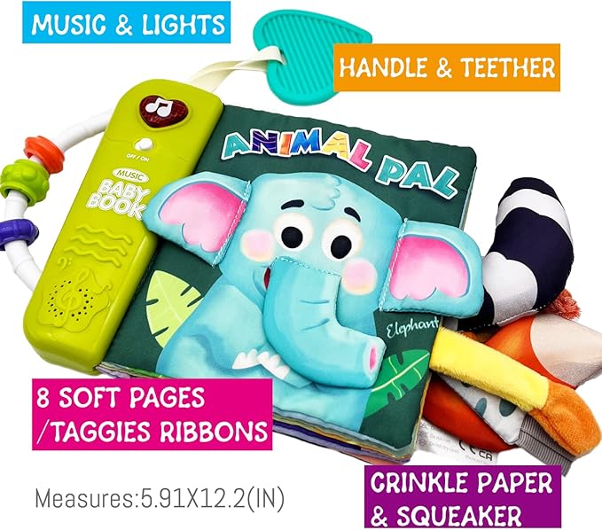 Baby Books Toys, Ocean Pals Touch and Feel Music Cloth Book for Infant Baby 6-12-18 Months, Early Learning Education Shower Easter Gifts for Boys Girls (Animal Pals)