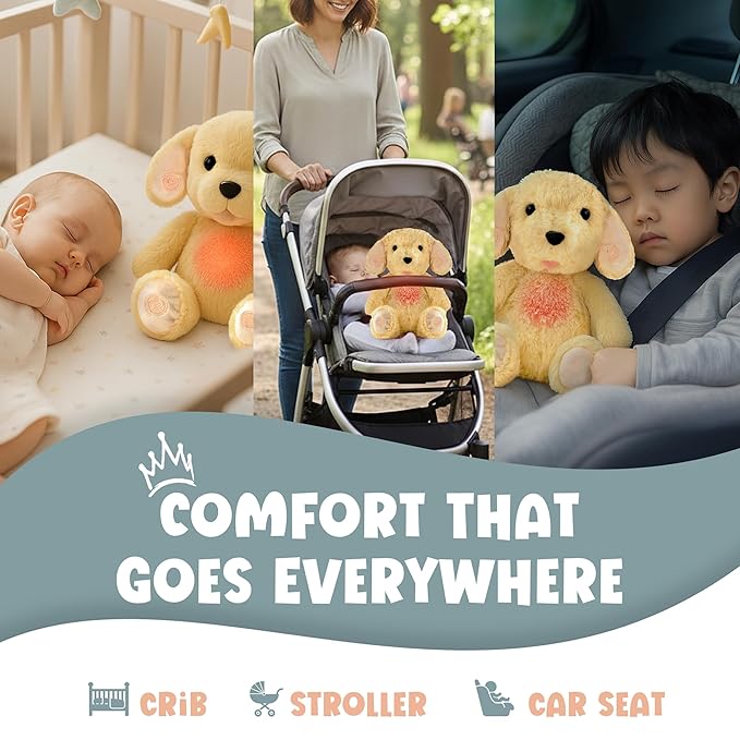 Gemma Joy Baby Sleep Soother Puppy for Baby – Cry Activated Heartbeat Stuffed Animal – Rechargeable Crib Soother with White Noise, Shush, Lullabies & Night Light – Newborn Essentials Must Haves