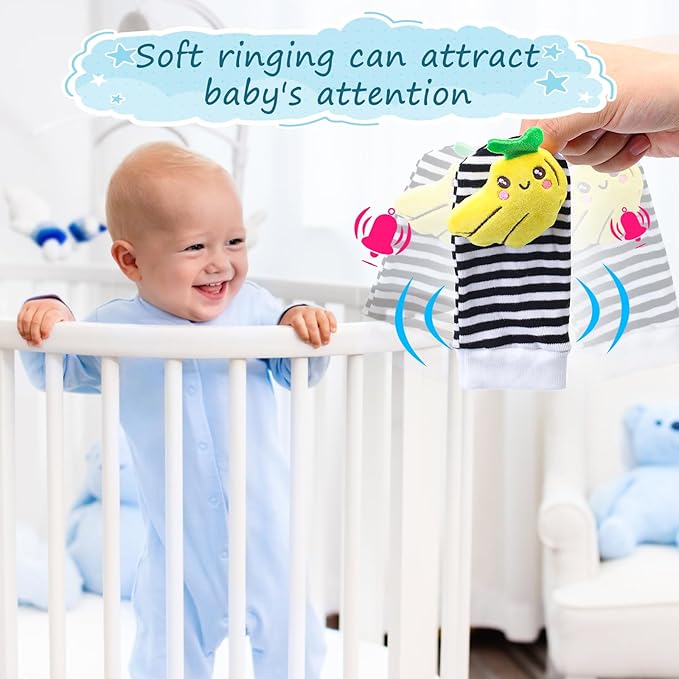 Baby Wrist Rattles Sock Toys - Newborn Baby Sock Toys Over 0 Years Old, 8PCS Soft Foot Finder and Wrist Rattle Set, Hand and Feet Rattles, Sensory Developmental Socks for Infants Girl Boy Gifts