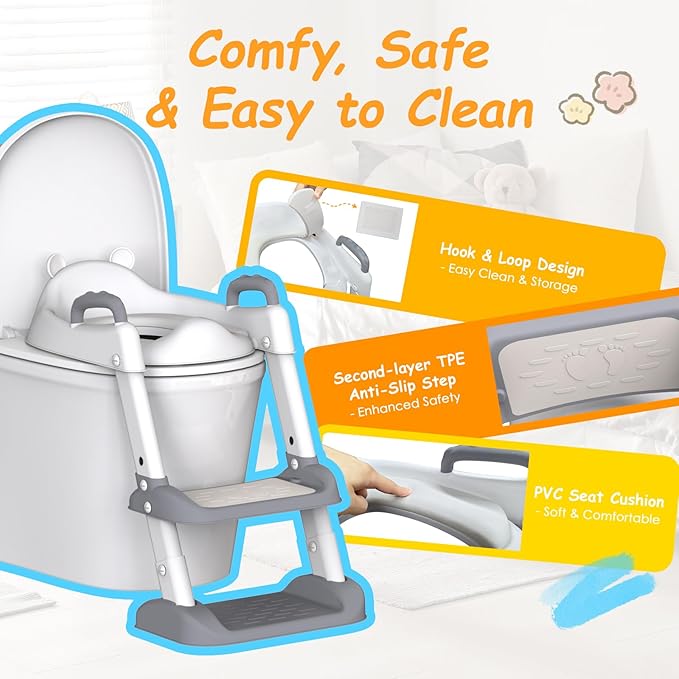HBTower Potty Training Seat with Step Stool Ladder for Toddlers, Adjustable Kids Toilet Seat with Splash Guard, Anti-Slip Pads & Safety Handles, Comfortable Potty Chair for Boys & Girls (Grey)