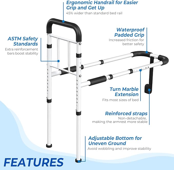 Bed Rails for Elderly Adults Safety 2026 Upgrade - ASTM Certified, 350 LBS Capacity, Tool-Free Assembly, Non-Slip Ergonomic Handle with Storage Pocket, Safe Bed Rails for Seniors