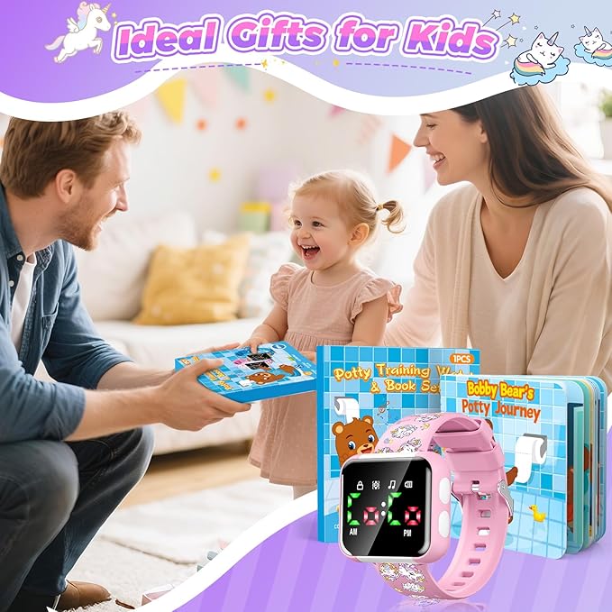 Potty Training Watch and Board Book for Toddler Girls: Adjustable Volume Potty Watches for Kids Water Resistant Toilet Timer Alarm Unicorn Toddler Watch Gifts for 1 2 3 4 5 Year Old Girl (Pink)