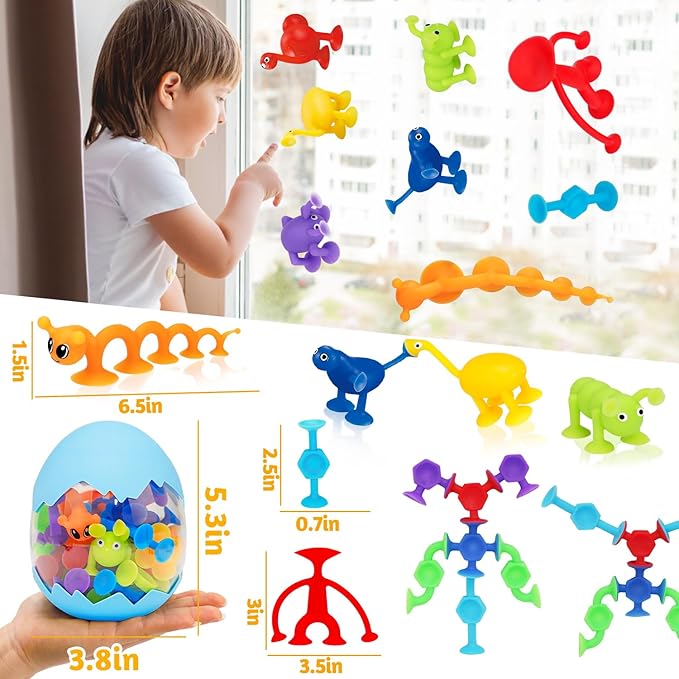 32 PCS Toddler Suction Cup Toys Kids Bath Toy 3-5 Halloween Party Favor Goody Prize Filler Stuffer Gift for 3 4 5 6 Year Old Boy Girl Travel Sensory Fidget Window Water Table Toy with Eggshell Storage