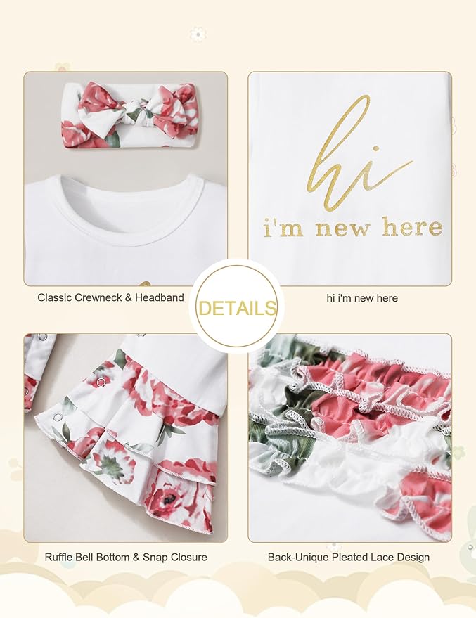 AGAPENG Newborn Girl Clothes Ruffle Letter Print Romper Infant Bell Bottom Jumpsuit Boho Baby Girl Clothes with Headband Hat