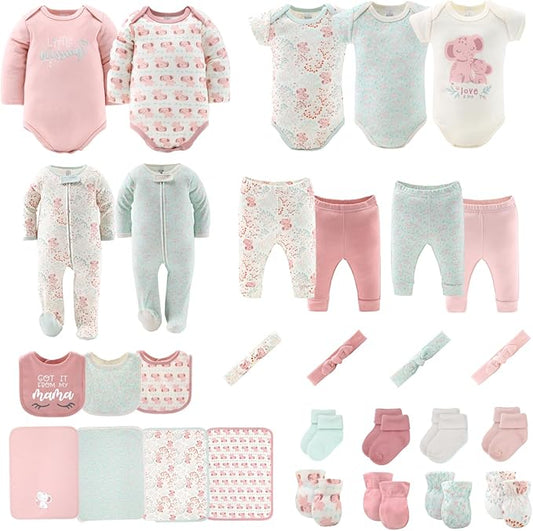 The Peanutshell Baby Layette Gift Set for Girls - 30 Piece New Born Girl Gift Set, Baby Clothes, 0-9 Months - Floral Elephant