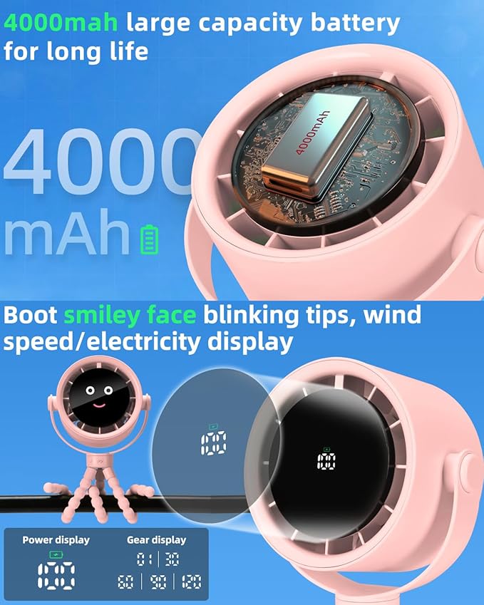 Stroller Fan Portable, Personal Fan for Travel, Air Turbo Tech & Digital display, Detachable 5 Speeds Rechargeable 360° Rotate Flexible Tripod, For Home Office Stroller (Pink)